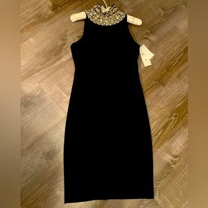 Holiday or special occasion black pencil dress with high ‘Swarovski’ neck. Small